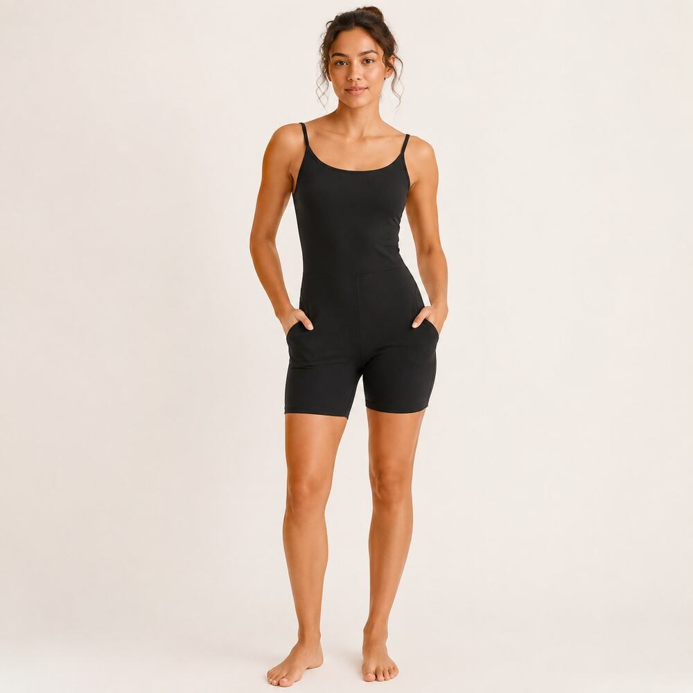Madewell Unitard Romper WMNS S Black Cami Stretch Bike Short Sporty Athleisure